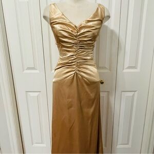 Jessica McClintock Champagne Satin Ruched Maxi Dress